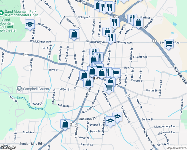 map of restaurants, bars, coffee shops, grocery stores, and more near 107 West Main Street in Albertville