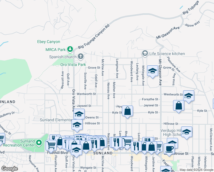 map of restaurants, bars, coffee shops, grocery stores, and more near 10935 Nassau Avenue in Los Angeles