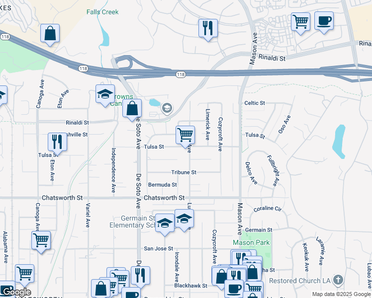 map of restaurants, bars, coffee shops, grocery stores, and more near 10855 Lurline Avenue in Los Angeles