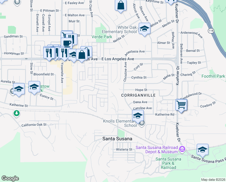 map of restaurants, bars, coffee shops, grocery stores, and more near 1662 River Wood Court in Simi Valley