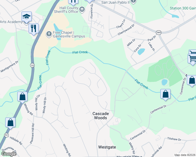 map of restaurants, bars, coffee shops, grocery stores, and more near 3004 Applewood Way Southwest in Gainesville
