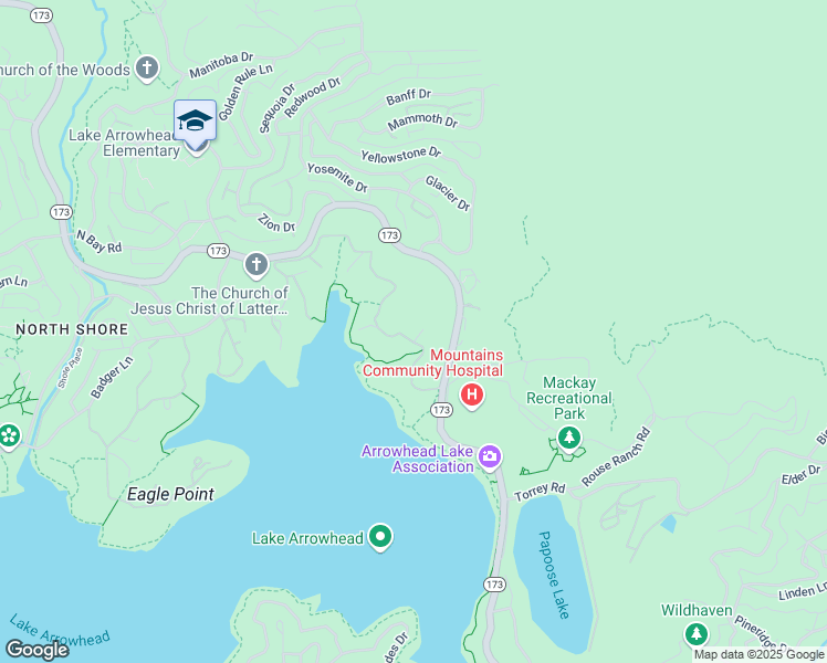 map of restaurants, bars, coffee shops, grocery stores, and more near 28966 North Shore Road in Lake Arrowhead