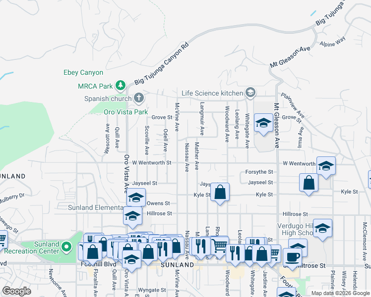 map of restaurants, bars, coffee shops, grocery stores, and more near 10914 McVine Avenue in Los Angeles