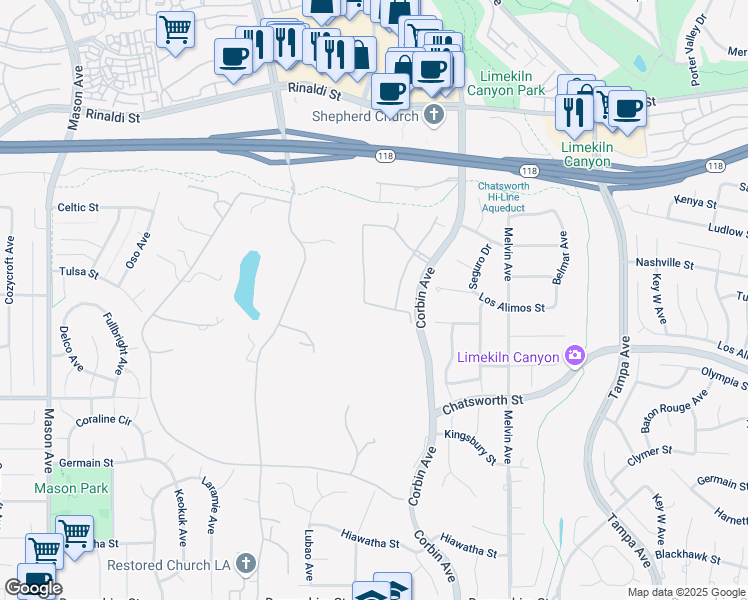 map of restaurants, bars, coffee shops, grocery stores, and more near 19864 Longhorn Drive in Los Angeles