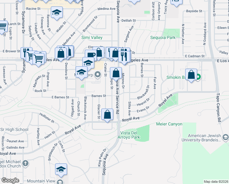 map of restaurants, bars, coffee shops, grocery stores, and more near 1587 Sequoia Avenue in Simi Valley