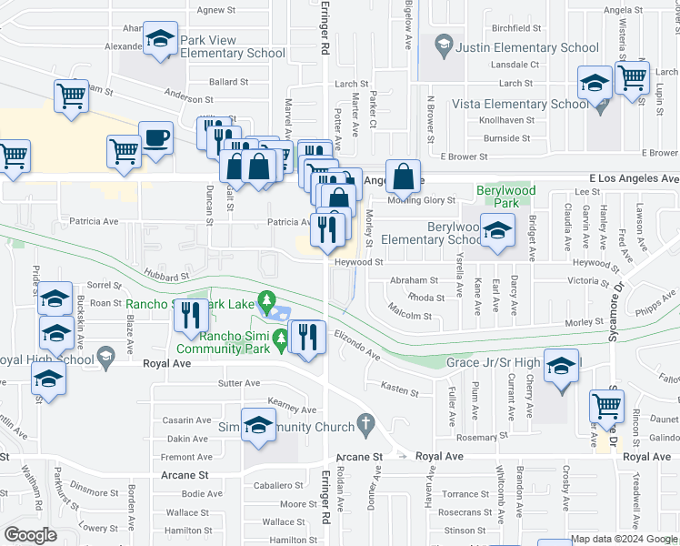 map of restaurants, bars, coffee shops, grocery stores, and more near 1956 Heywood Street in Simi Valley