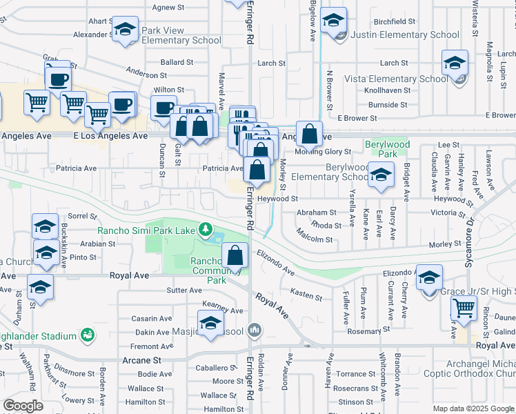 map of restaurants, bars, coffee shops, grocery stores, and more near 1956 Heywood Street in Simi Valley