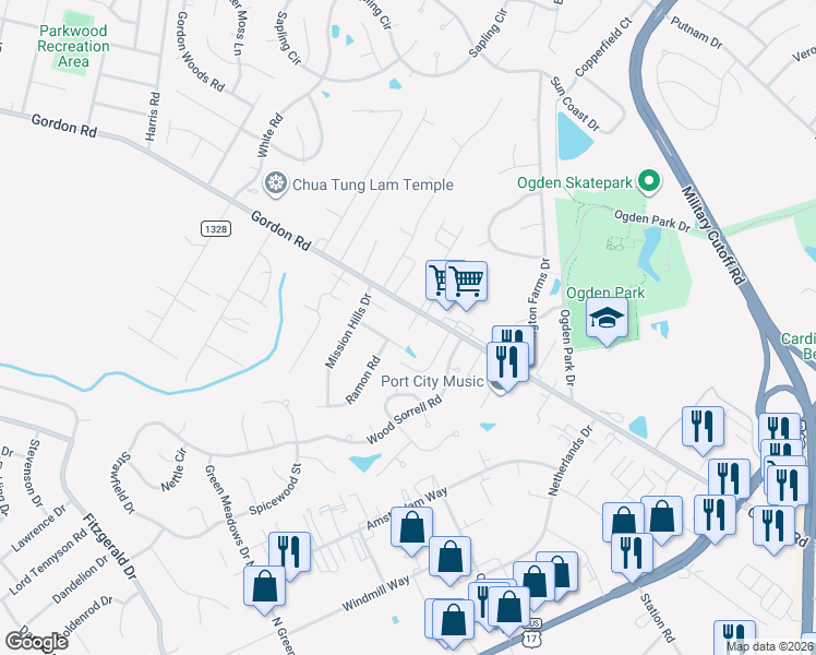 map of restaurants, bars, coffee shops, grocery stores, and more near 6417 Cactus Drive in Wilmington