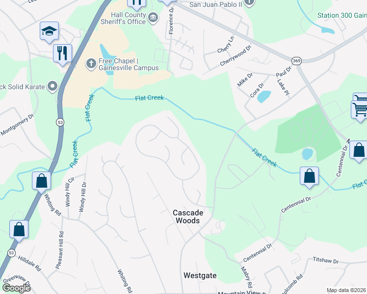 map of restaurants, bars, coffee shops, grocery stores, and more near 3004 Applewood Way Southwest in Gainesville