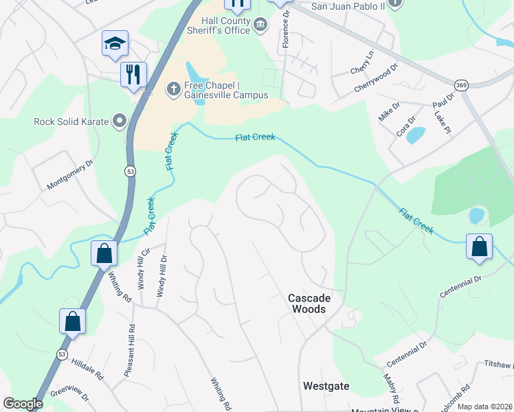 map of restaurants, bars, coffee shops, grocery stores, and more near 3225 Orchard Way in Gainesville