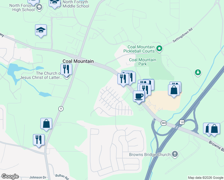 map of restaurants, bars, coffee shops, grocery stores, and more near 3680 Roseman Landing in Cumming