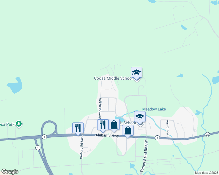 map of restaurants, bars, coffee shops, grocery stores, and more near 11 Nest Drive Northwest in Rome