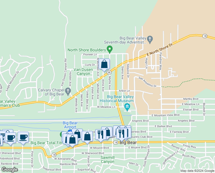 map of restaurants, bars, coffee shops, grocery stores, and more near 1009 Myrtle Avenue in Big Bear