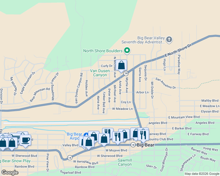 map of restaurants, bars, coffee shops, grocery stores, and more near 346 West North Shore Drive in Big Bear