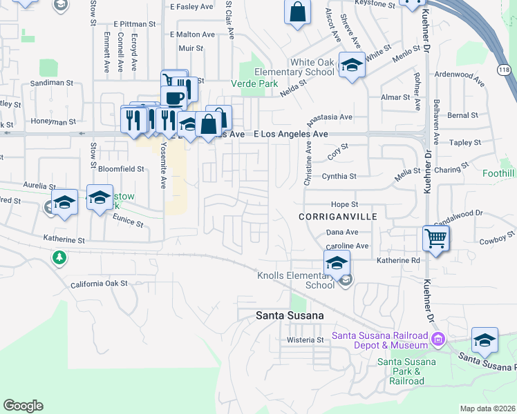 map of restaurants, bars, coffee shops, grocery stores, and more near 1550 Rory Lane in Simi Valley