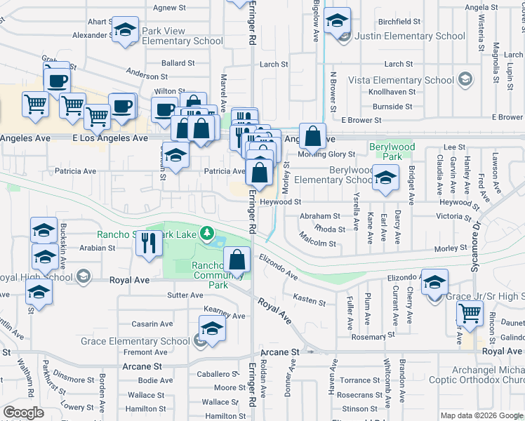 map of restaurants, bars, coffee shops, grocery stores, and more near 1956 Heywood Street in Simi Valley