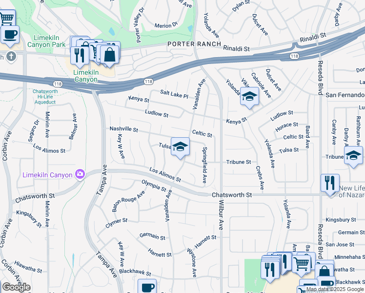 map of restaurants, bars, coffee shops, grocery stores, and more near 10864 Vanalden Avenue in Los Angeles