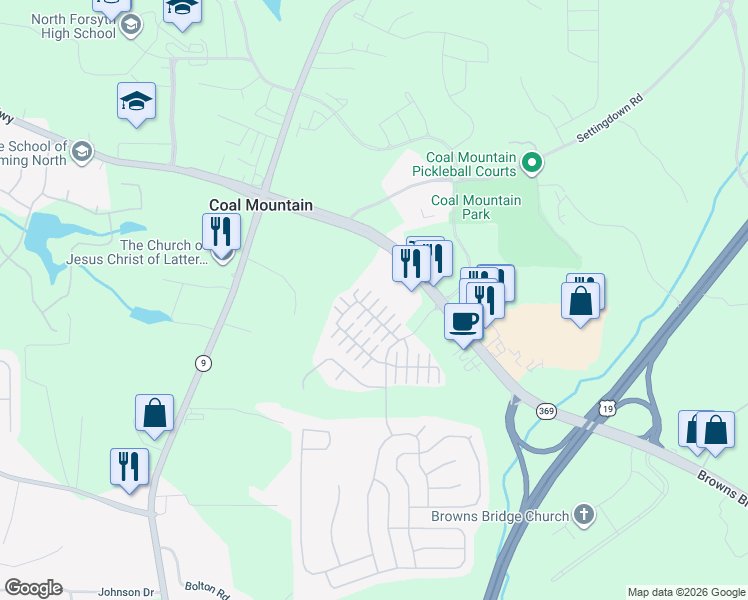 map of restaurants, bars, coffee shops, grocery stores, and more near 3680 Roseman Landing in Cumming