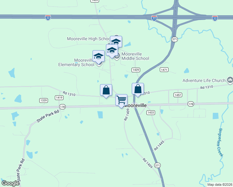 map of restaurants, bars, coffee shops, grocery stores, and more near 833 County Road 1310 in Mooreville