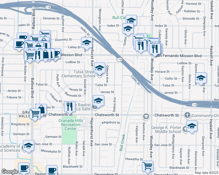 map of restaurants, bars, coffee shops, grocery stores, and more near 16450 Tulsa Street in Los Angeles
