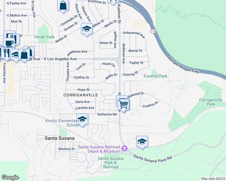 map of restaurants, bars, coffee shops, grocery stores, and more near 1545 Flowerdale Street in Simi Valley