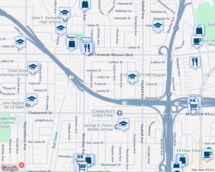 map of restaurants, bars, coffee shops, grocery stores, and more near 16028 Tulsa Street in Los Angeles