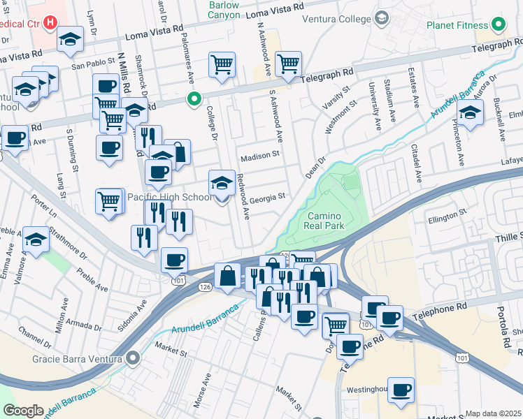 map of restaurants, bars, coffee shops, grocery stores, and more near 3959 Flower Street in Ventura