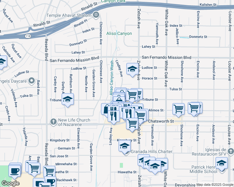 map of restaurants, bars, coffee shops, grocery stores, and more near 10861 Lindley Avenue in Los Angeles