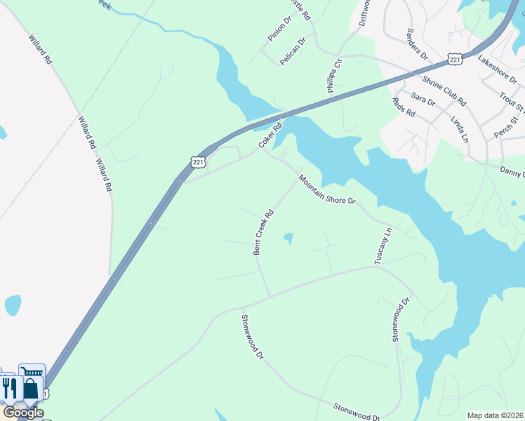 map of restaurants, bars, coffee shops, grocery stores, and more near 402 Bent Creek Road in Greenwood