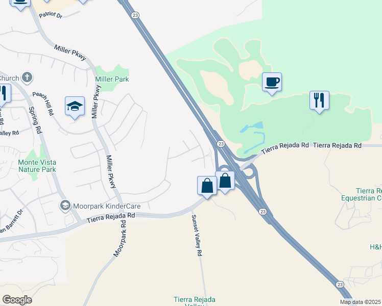 map of restaurants, bars, coffee shops, grocery stores, and more near 14678 Corkwood Drive in Moorpark