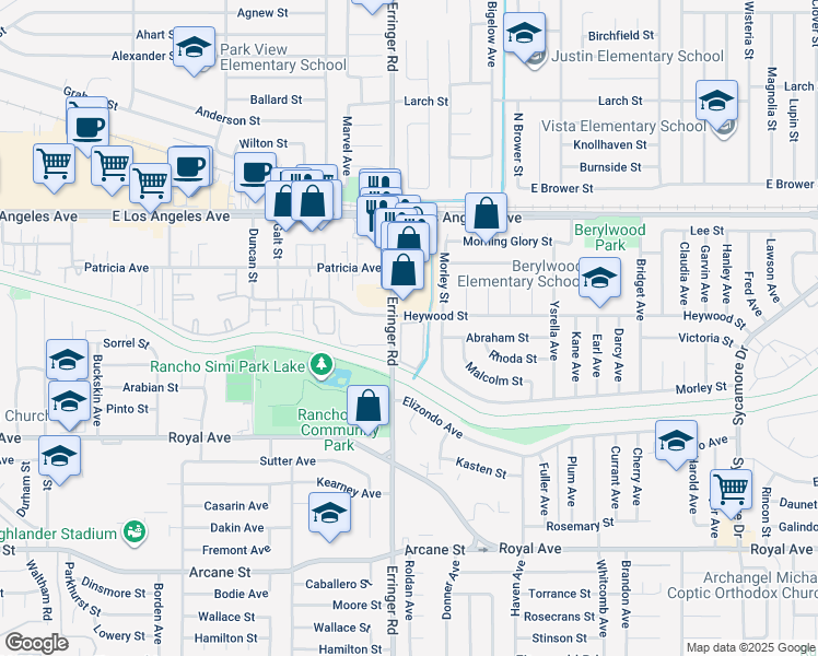 map of restaurants, bars, coffee shops, grocery stores, and more near 1912 Heywood Street in Simi Valley