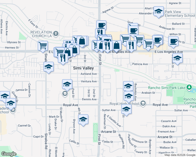 map of restaurants, bars, coffee shops, grocery stores, and more near in Simi Valley