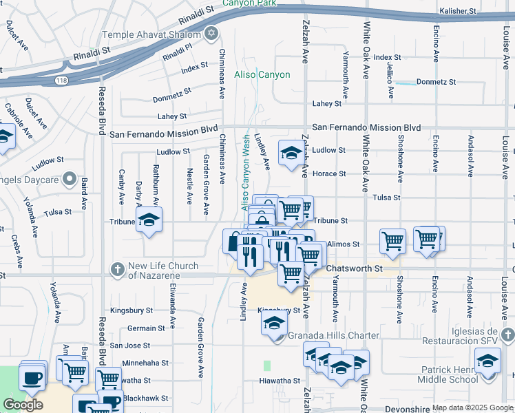 map of restaurants, bars, coffee shops, grocery stores, and more near 10861 Lindley Avenue in Los Angeles