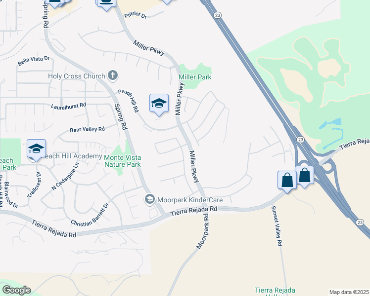 map of restaurants, bars, coffee shops, grocery stores, and more near 4194 Dakota Drive in Moorpark