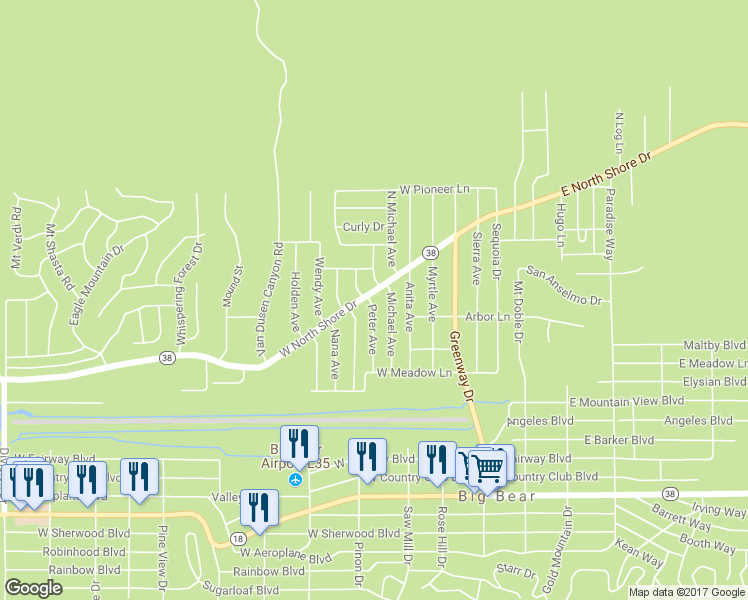 map of restaurants, bars, coffee shops, grocery stores, and more near 346 West North Shore Drive in Big Bear