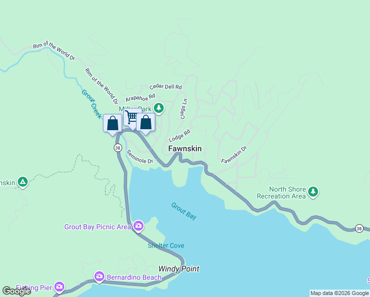 map of restaurants, bars, coffee shops, grocery stores, and more near 1125 Fawnskin Drive in Fawnskin