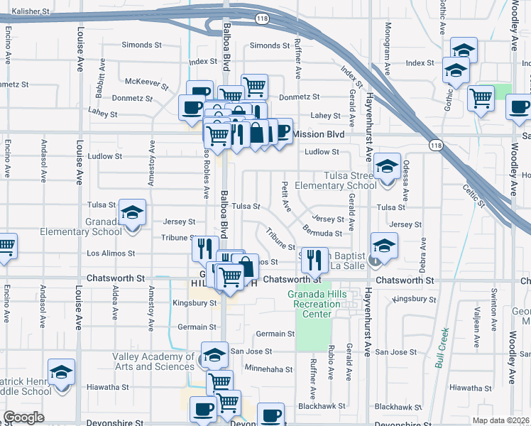 map of restaurants, bars, coffee shops, grocery stores, and more near 16870 Tulsa Street in Los Angeles