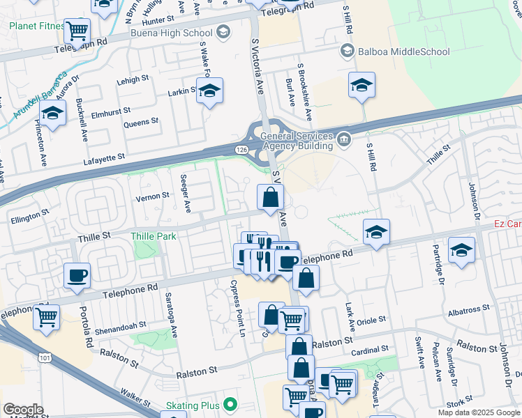 map of restaurants, bars, coffee shops, grocery stores, and more near 5851 Thille Street in Ventura