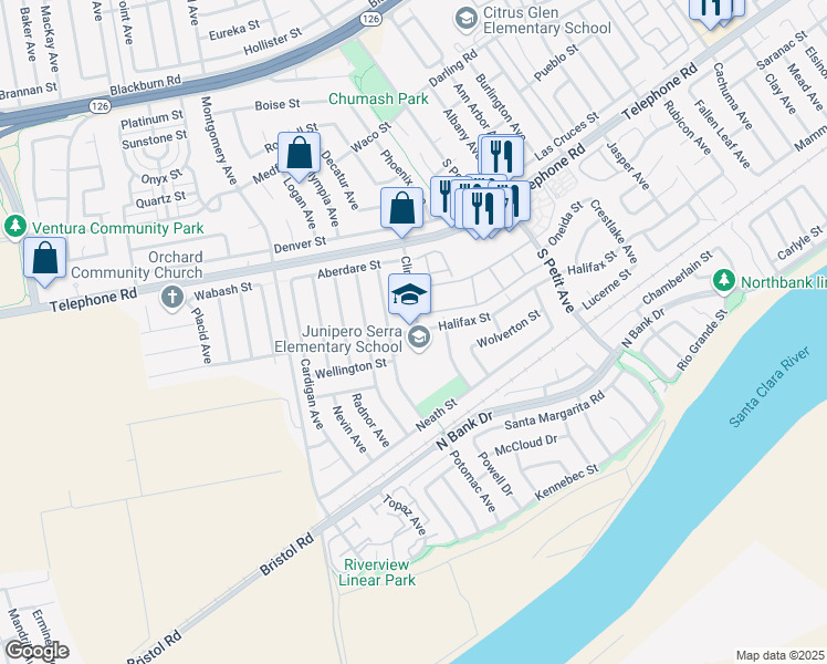 map of restaurants, bars, coffee shops, grocery stores, and more near 8880 Halifax Street in Ventura