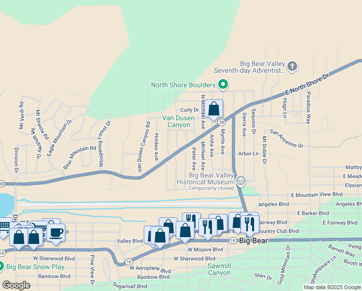 map of restaurants, bars, coffee shops, grocery stores, and more near 413 West North Shore Drive in Big Bear