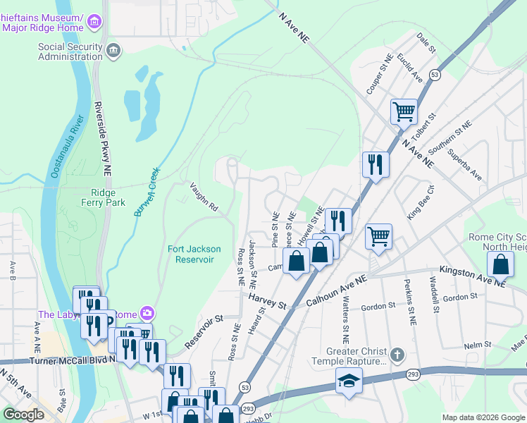 map of restaurants, bars, coffee shops, grocery stores, and more near 7 Roseway Circle in Rome