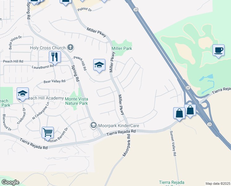 map of restaurants, bars, coffee shops, grocery stores, and more near 4194 Dakota Drive in Moorpark