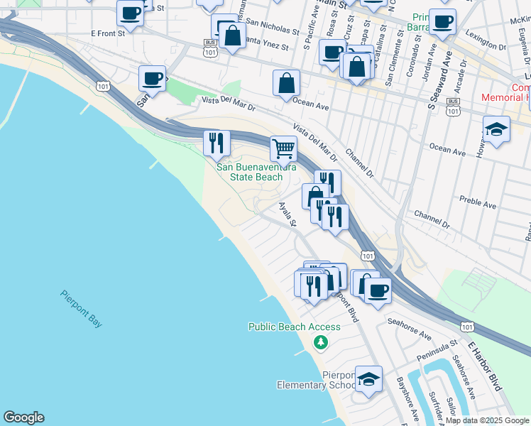 map of restaurants, bars, coffee shops, grocery stores, and more near 2007 Pierpont Boulevard in Ventura