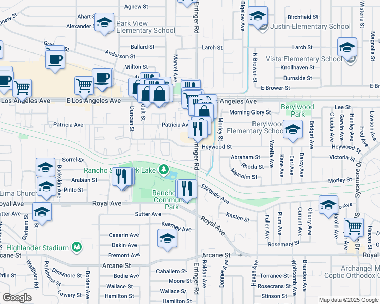 map of restaurants, bars, coffee shops, grocery stores, and more near 1575 Erringer Road in Simi Valley