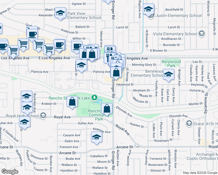map of restaurants, bars, coffee shops, grocery stores, and more near 1633 Erringer Road in Simi Valley