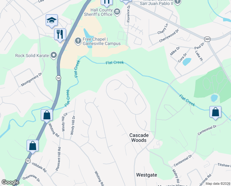 map of restaurants, bars, coffee shops, grocery stores, and more near 3225 Orchard Way in Gainesville
