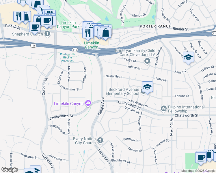 map of restaurants, bars, coffee shops, grocery stores, and more near 10900 Des Moines Avenue in Los Angeles