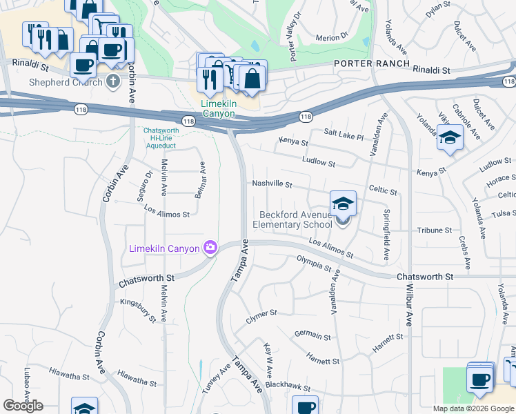 map of restaurants, bars, coffee shops, grocery stores, and more near 10833 Key West Avenue in Los Angeles