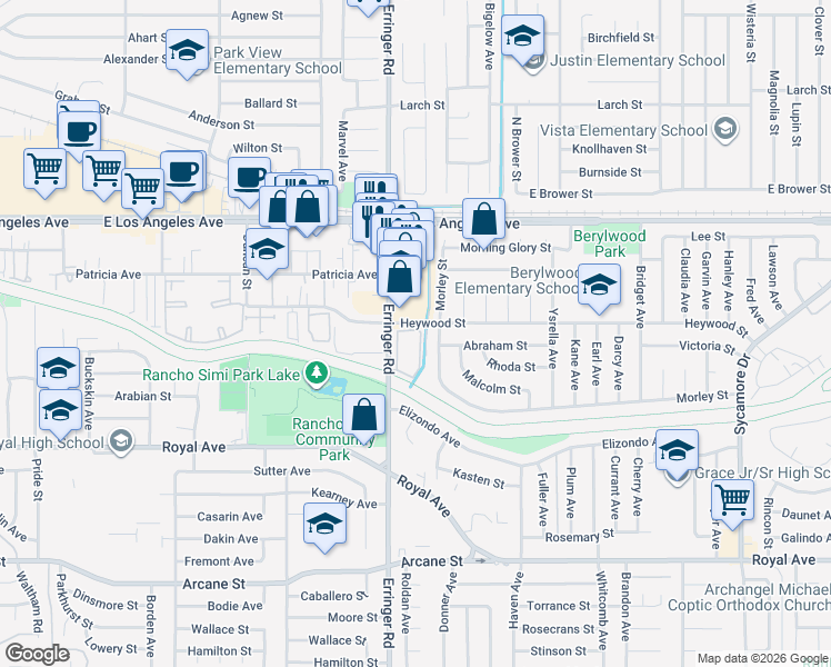map of restaurants, bars, coffee shops, grocery stores, and more near 1904 Heywood Street in Simi Valley