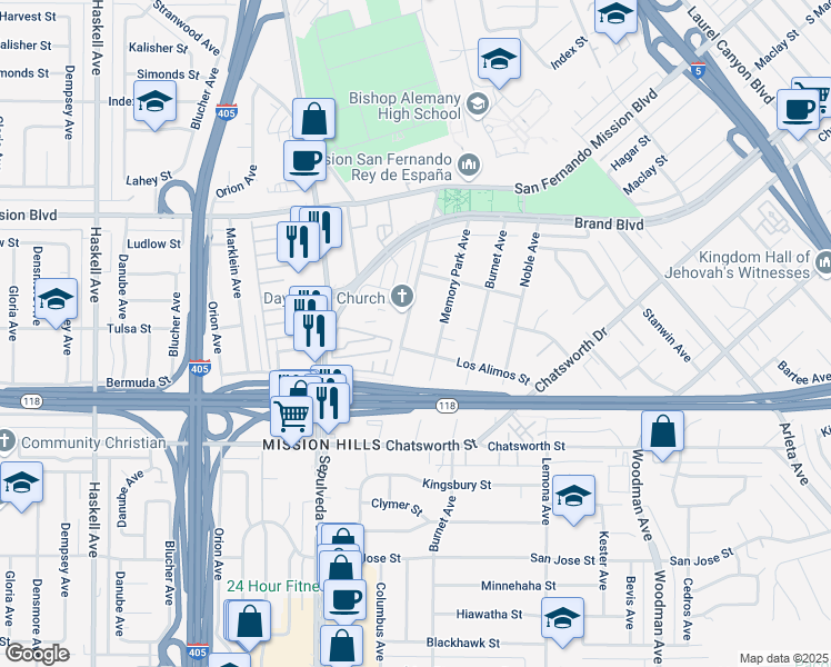 map of restaurants, bars, coffee shops, grocery stores, and more near 10846 Columbus Avenue in Los Angeles